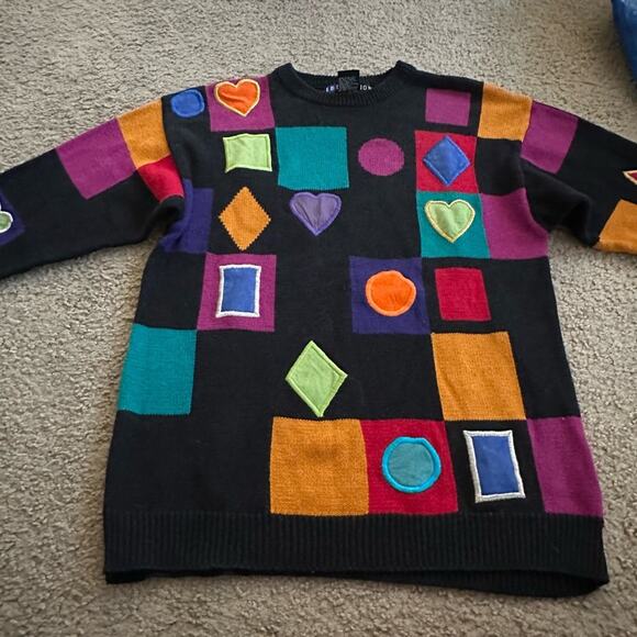 VINTAGE RETRO STYLE MULTI-COLOR PATCHES DESIGN 70’s FUN SWEATER MED - Picture 5 of 12